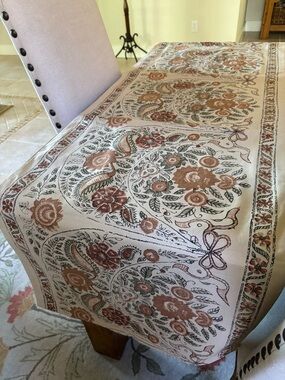 Pottery Barn Cream Table Runner with Rust Floral Print.